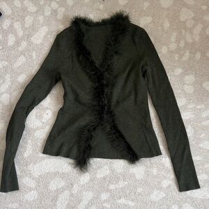 Commense Dark Green Cardigan with Faux Fur Trim